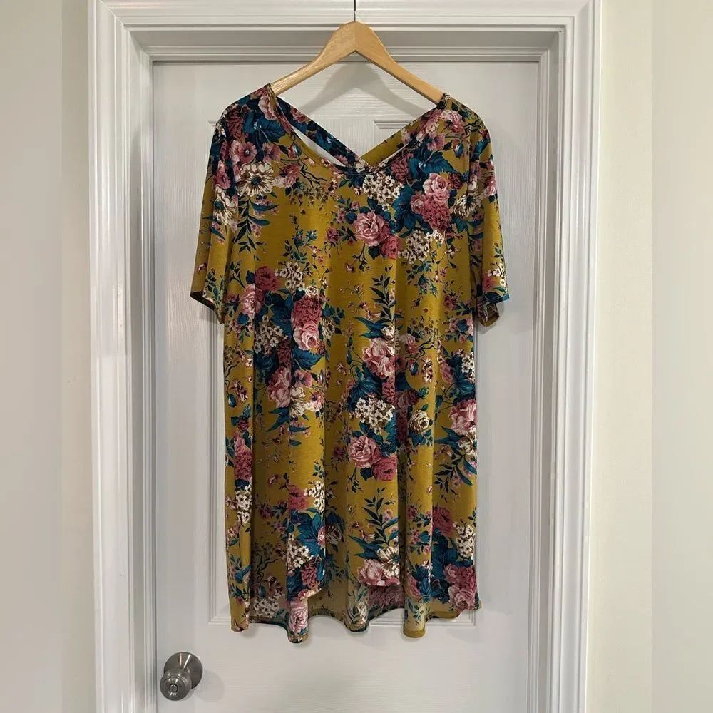 Honeyme Yellow Floral Oversized T-Shirt Tunic size 2X